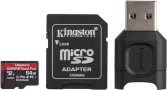 Карта памяти Kingston React Plus microSDXC UHS-II U3 V90 A1 64GB с адаптером и кардридером