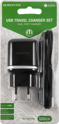 Зарядное устройство Borofone BA25A с кабелем Apple Lightning Black
