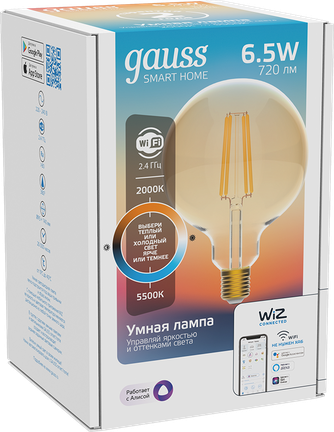 Умная лампочка Gauss Smart Home Filament FIL DIM CCT G95 E27 Transparent