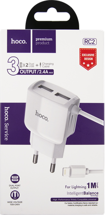 Зарядное устройство Hoco RC2 2xUSB с кабелем Apple Lightning White