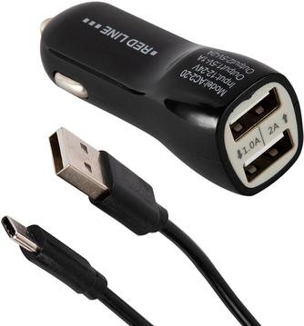 Автомобильное зарядное устройство Red Line AC2-20 с кабелем USB-C Black