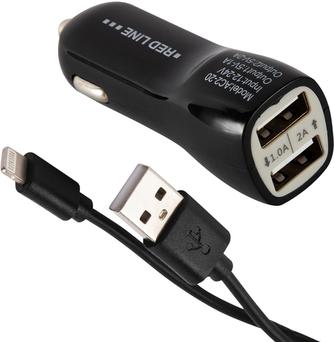 Автомобильное зарядное устройство Red Line AC2-20 с кабелем Apple Lightning Black