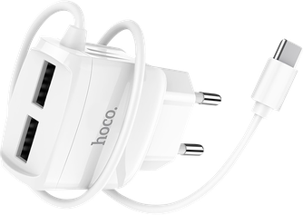 Зарядное устройство Hoco RC2 2xUSB с кабелем USB-C White