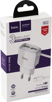Зарядное устройство Hoco RC2 2xUSB с кабелем microUSB White