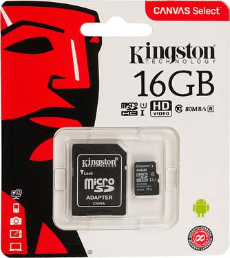 Карта памяти Kingston Canvas Select microSD UHS-I Class 10 16GB с адаптером