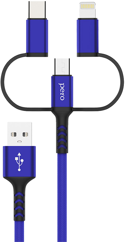 Кабель Pero DC-06 Universal 3 in 1 USB to USB-CApple LightningmicroUSB 1m Blue 790₽