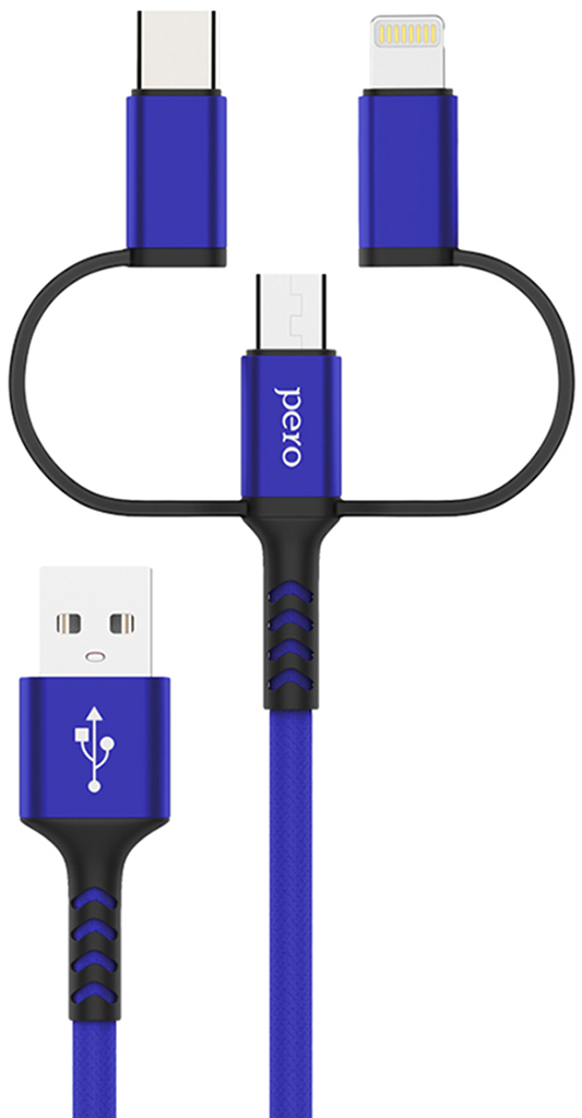 Кабель Pero DC-06 USB to Apple LightningmicroUSBUSB-C 2m Blue 890₽